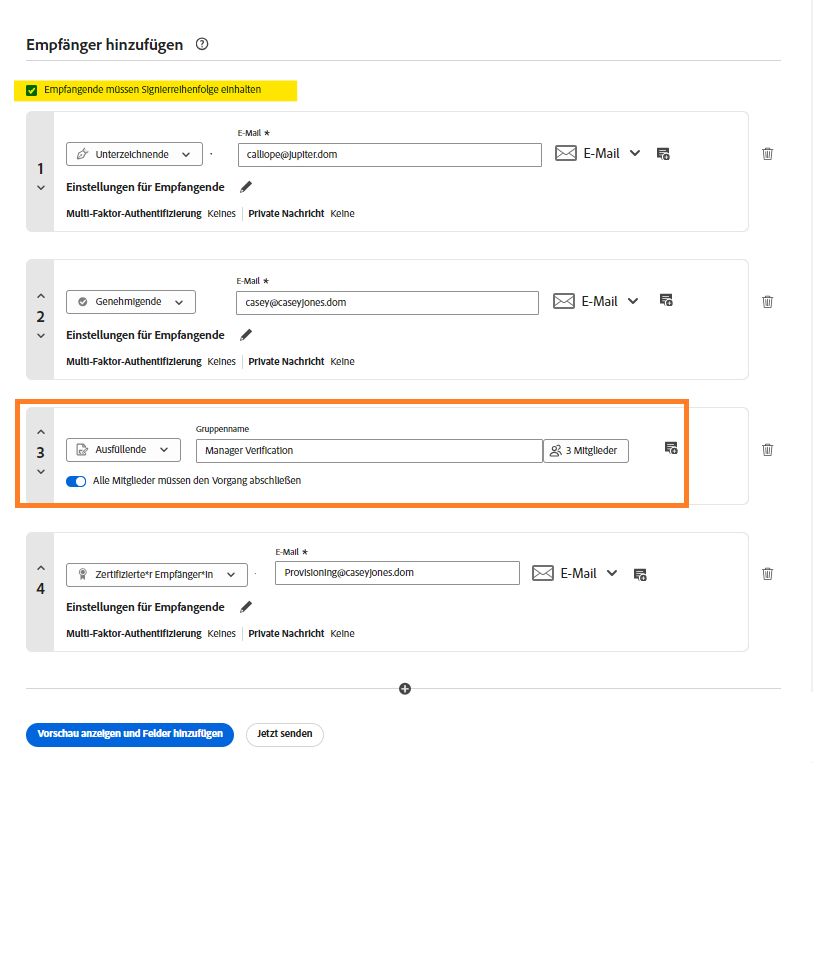 Die Empfangenden der angeforderten Signatur in einem Hybrid-Signaturfluss