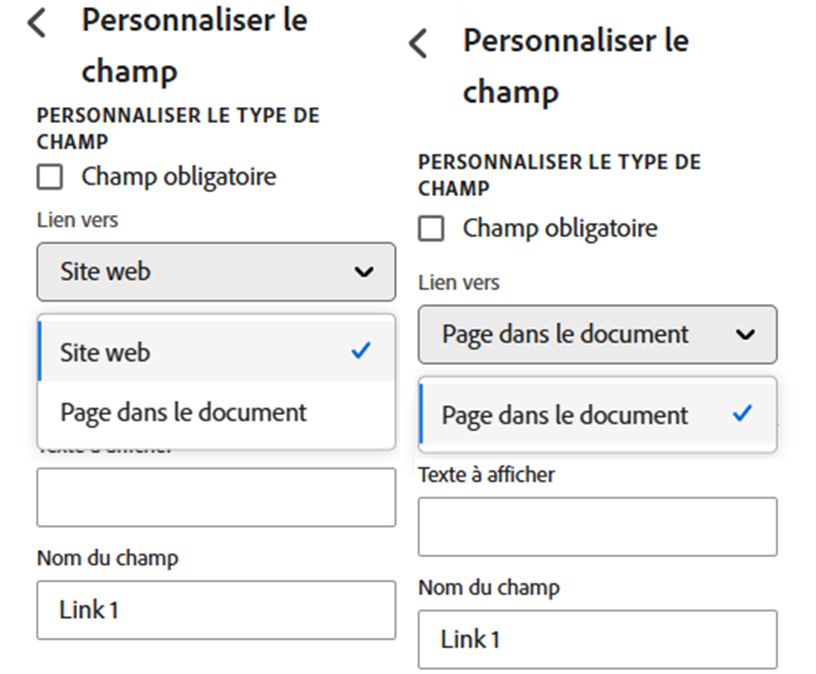 Exemples des options de lien hypertexte normales et de la version éliminant l’option externe.