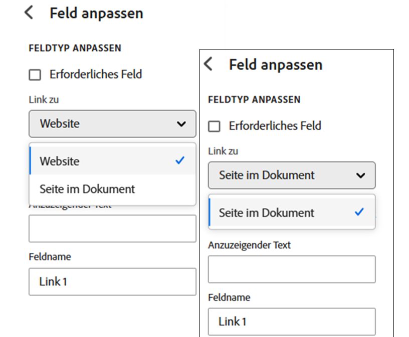 Beispiele für die normalen Hyperlink-Optionen und die unterdrückte Version, bei der die externe Option ausgeschaltet ist.