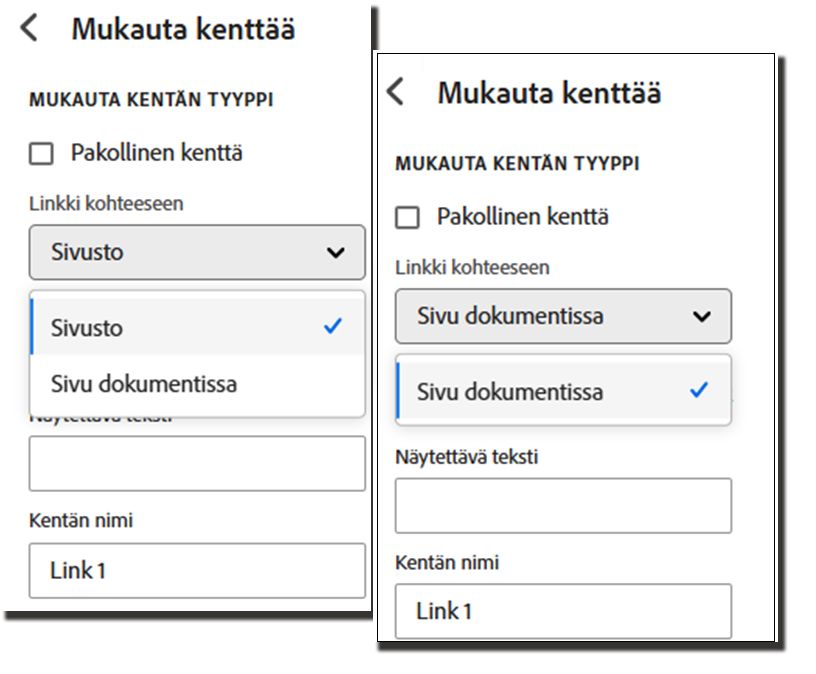 Esimerkkejä tavallisista hyperlinkkivaihtoehdoista ja estetystä versiosta, joka poistaa ulkoisen vaihtoehdon.
