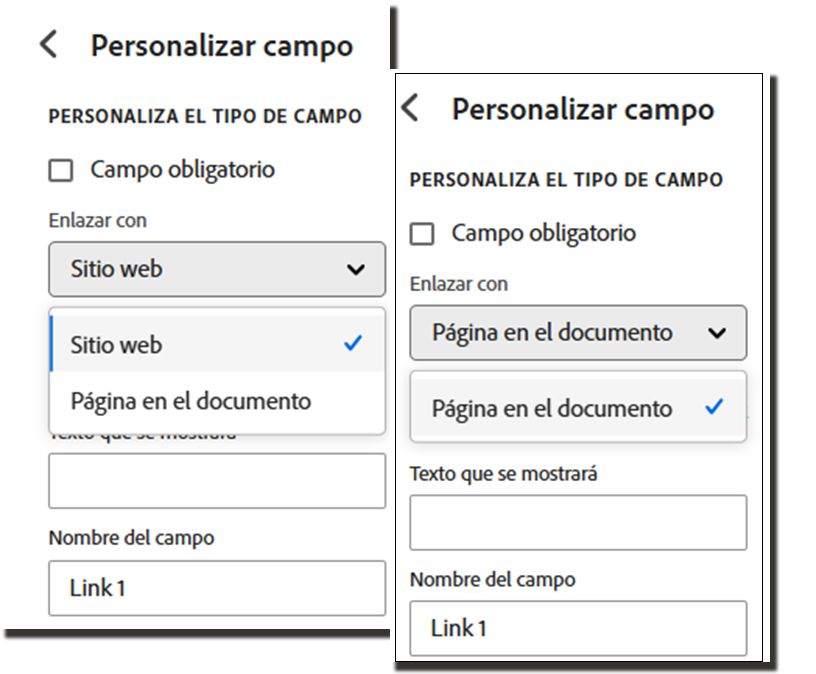 Ejemplos de las opciones de hipervínculo normales y la versión suprimida que elimina la opción externa.