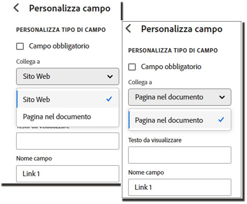 Esempi di opzioni di collegamento ipertestuale normali e la versione soppressa che elimina l’opzione esterna.