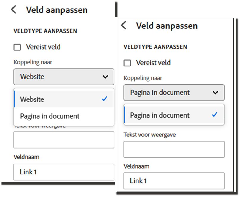 Voorbeelden van de normale hyperlinkopties en de onderdrukte versie waarbij de externe optie wordt geëlimineerd.