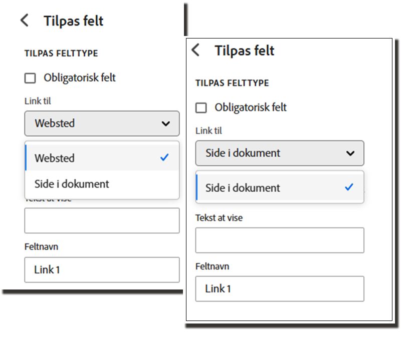 Eksempler på de normale hyperlinkindstillinger og den undertrykte version, som fjerner den eksterne indstilling.