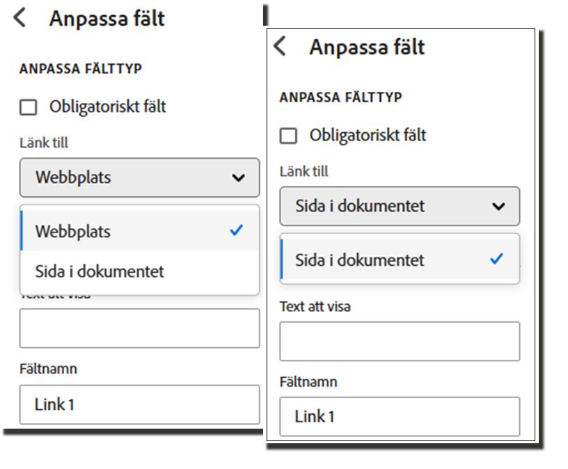 Exempel på vanliga hyperlänkalternativ och de inaktiverade versionerna där alternativet för extern länk tas bort.