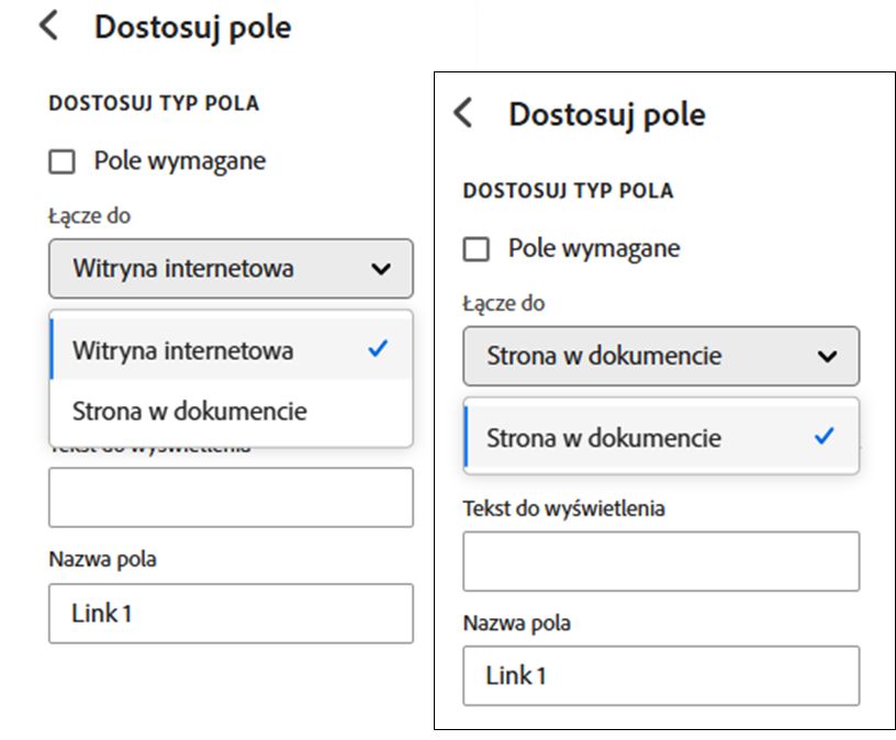 Przykłady normalnych opcji hiperłącza oraz wersji pomijającej opcję zewnętrzną.
