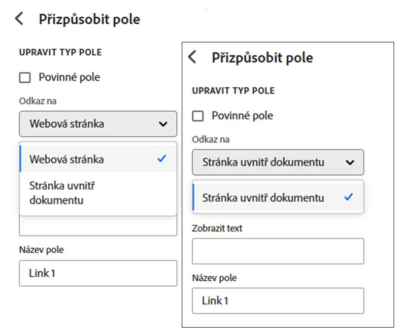 Příklady normálních možností hypertextového odkazu a potlačené verze, která eliminuje externí možnost.