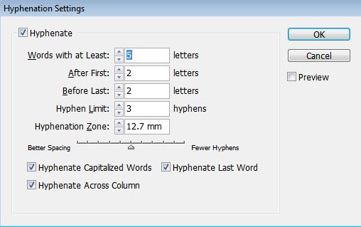 תיבת הדו-שיח Hyphenation Settings עם אפשרויות לתווים מינימליים, להגבלת מקפים, לאזור המקפים ולתיבות סימון.