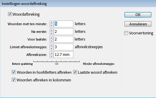 Dialoogvenster Instellingen woordafbreking met opties voor min-letters, limiet afbreekstreepjes, zone voor woordafbreking en selectievakjes.