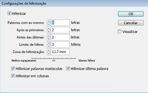 Caixa de diálogo Configurações de hifenização com opções para letras mínimas, limite de hífen, zona de hifenização e caixas de seleção.