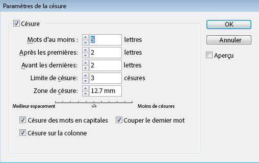 Boîte de dialogue des paramètres de césure avec des options pour les lettres minimales, la limite de césure, la zone de césure et les cases à cocher.