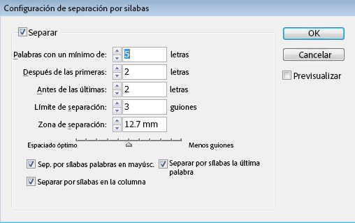 Cuadro de diálogo Configuración de separación por sílabas con opciones para minúsculas, límite de separación por sílabas, zona de separación por sílabas y casillas de verificación.