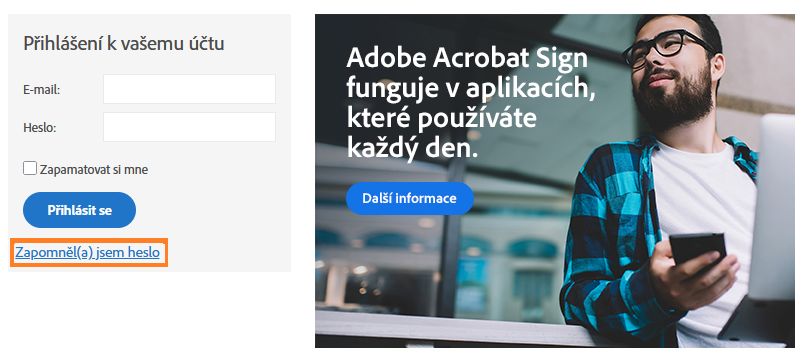 Přihlašovací stránka služby Acrobat Sign se zvýrazněným odkazem Zapomněl(a) jsem heslo