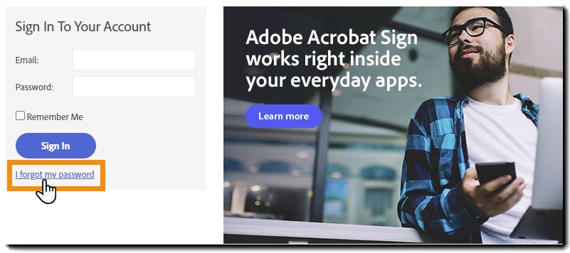 La page de connexion Acrobat Sign avec le lien J’ai oublié mon mot de passe mis en évidence