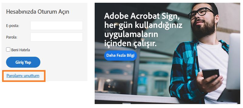 Parolamı Unuttum bağlantısı vurgulanmış olarak Acrobat Sign oturum açma sayfası