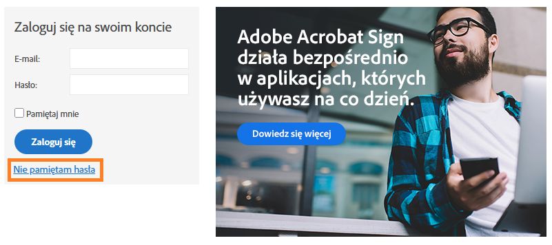 Strona logowania Acrobat Sign z podświetlonym łączem Nie pamiętam hasła.