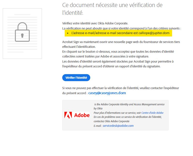 Page de vérification de l’authentification par identité numérique lorsque la vérification d’identité est requise et que les adresses e-mail secondaires sont autorisées