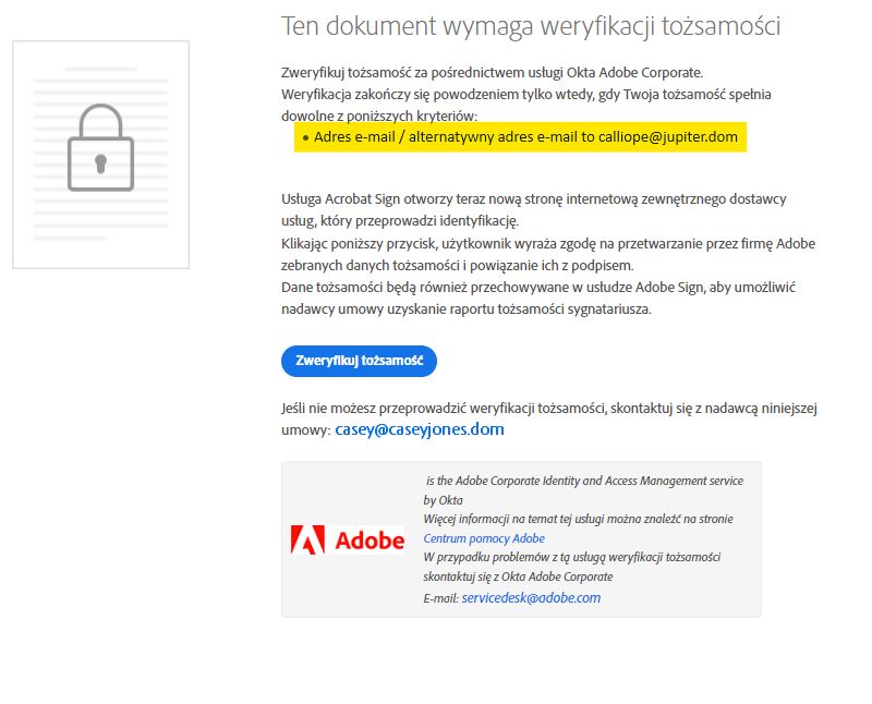 Strona wyzwania dla uwierzytelniania tożsamości cyfrowej, gdy wymagane jest sprawdzanie tożsamości oraz alternatywne adresy e-mail są dozwolone