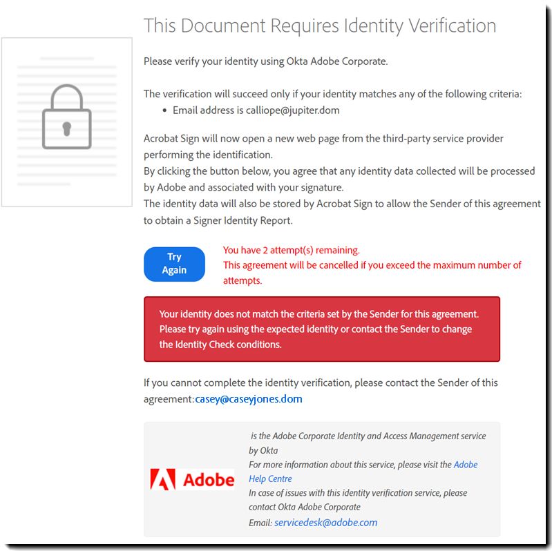 Pagina di verifica dell’autenticazione dell’identità digitale quando il controllo dell’identità non è riuscito