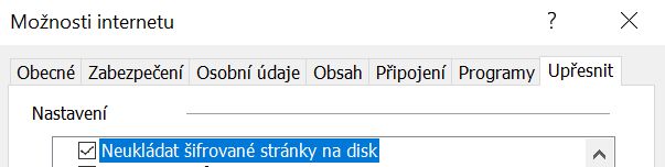 Zrušení výběru možnosti „Neukládat šifrované stránky na disk“