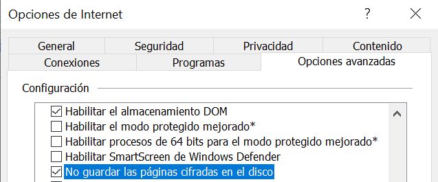 Anular la selección de la opción No guardar las páginas cifradas en disco
