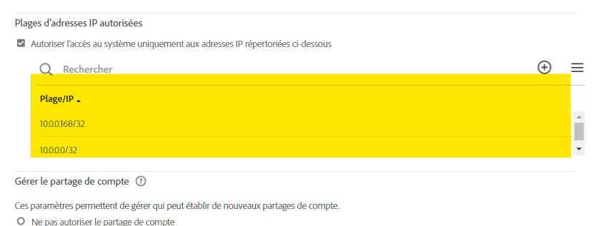 Commandes Plages d’adresses IP autorisées avec les deux notations CIDR affichées mises en évidence