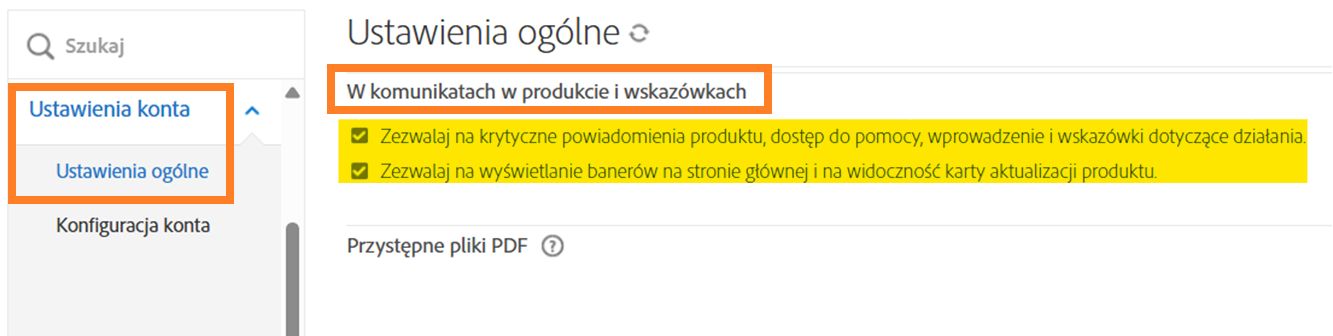Strona Ustawienia globalne z wyróżnionymi kontrolkami Komunikatów w produkcie