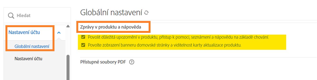 Stránka Globální nastavení se zvýrazněnými ovládacími prvky pro zprávy v produktu