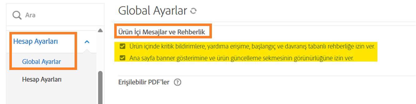 Ürün İçi Mesajlar ve Rehberlik kontrolleri vurgulanmış olarak Global Ayarlar sayfası