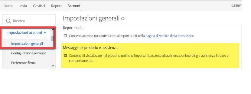 Opzioni per messaggi nel prodotto