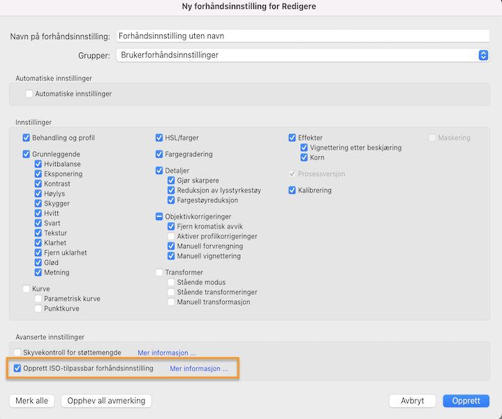ISO-adaptive forhåndsinnstillinger