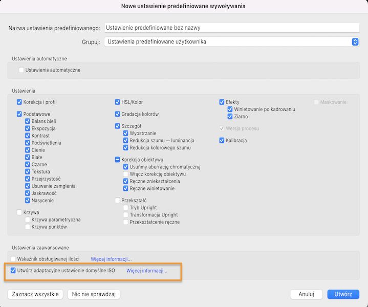 Adaptacyjne ustawienia predefiniowane ISO