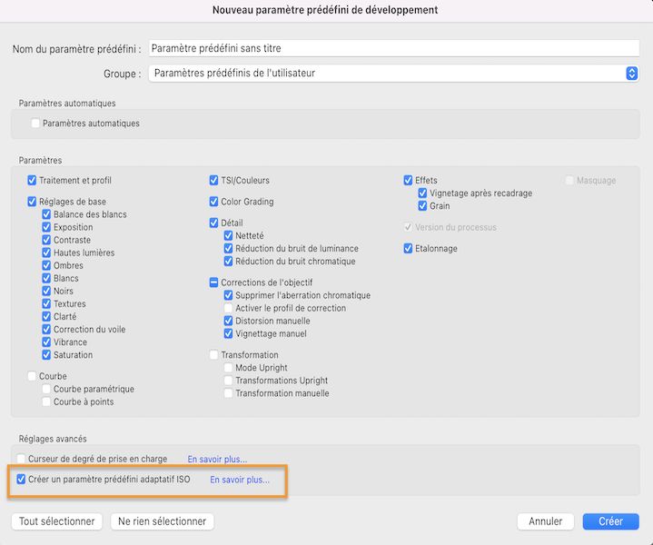 Paramètres prédéfinis adaptatifs ISO 