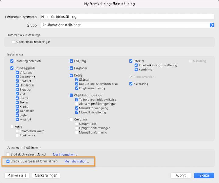 ISO-anpassade förinställningar