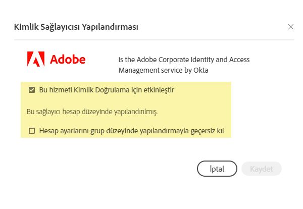 Grup düzeyi yapılandırması - Hesap düzeyinde yapılandırılan aynı IDP