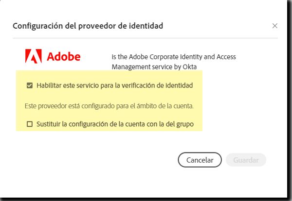 Configuración en el nivel de grupo: el mismo IDP está configurado en el nivel de cuenta