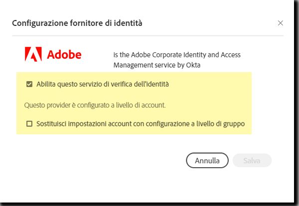 Configurazione a livello di gruppo: stesso IDP configurato a livello di account