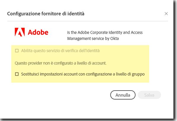 Configurazione a livello di gruppo: IDP non è configurato a livello di account