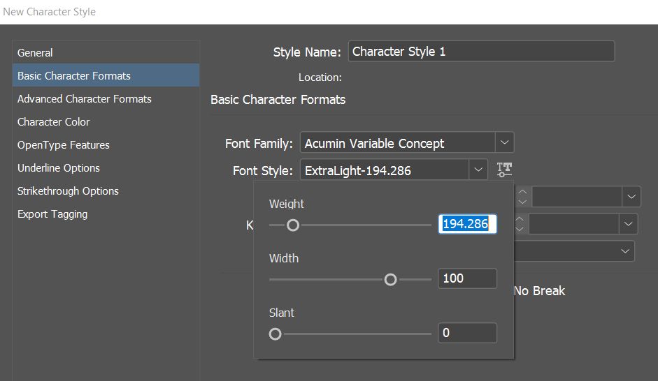 החלונית Character Style