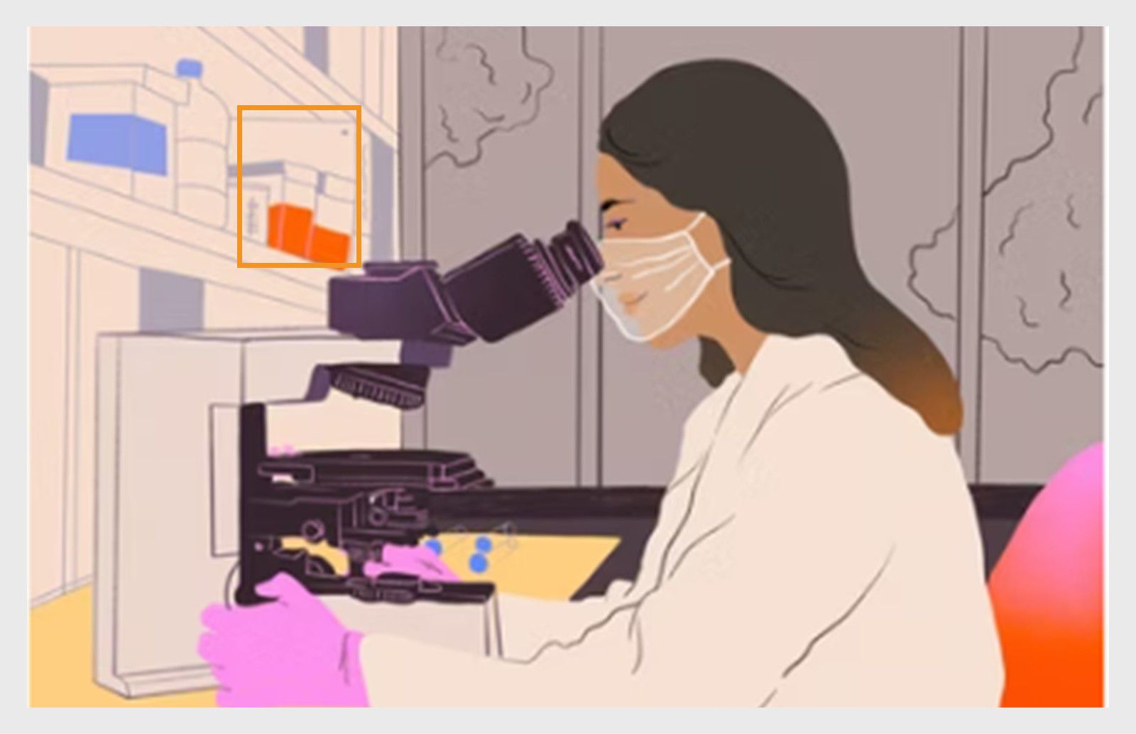 Illustratie van een vrouw die in een laboratorium werkt, met een mondkapje en handschoenen terwijl ze een microscoop gebruikt.