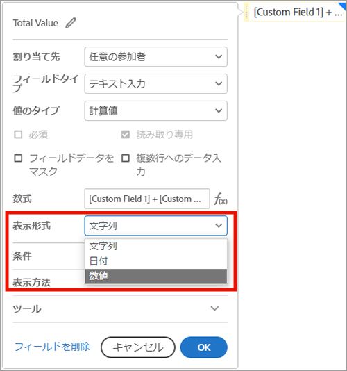 「表示形式」フィールド