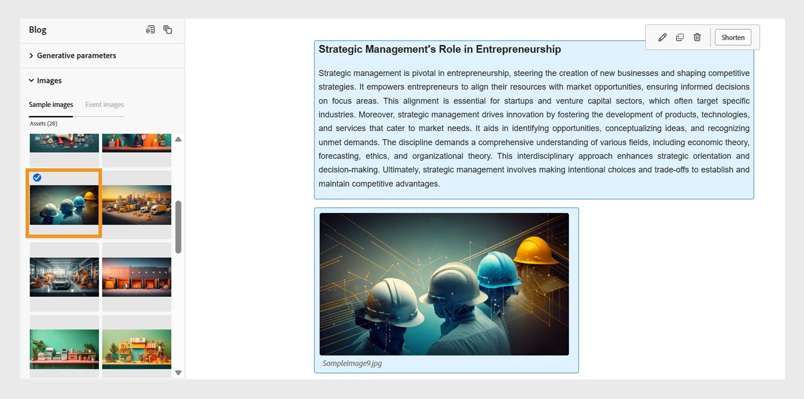 Image added below the selected text in the blog