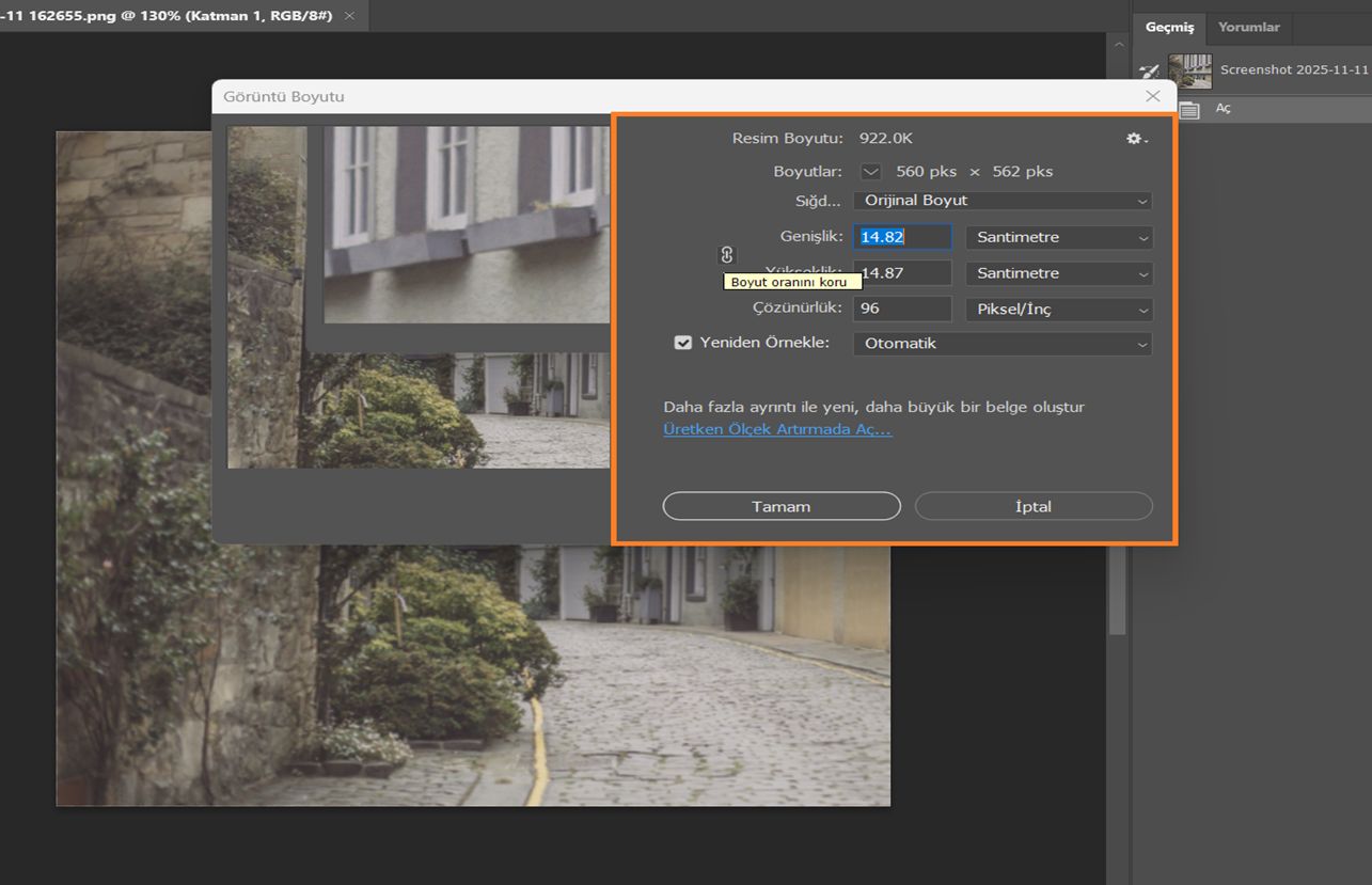 Santimetre cinsinden genişlik ve yüksekliği, 144 PPI çözünürlüğü ve En Yakın Komşu yeniden örneklemeyi gösteren Görüntü Boyutu iletişim kutusu.