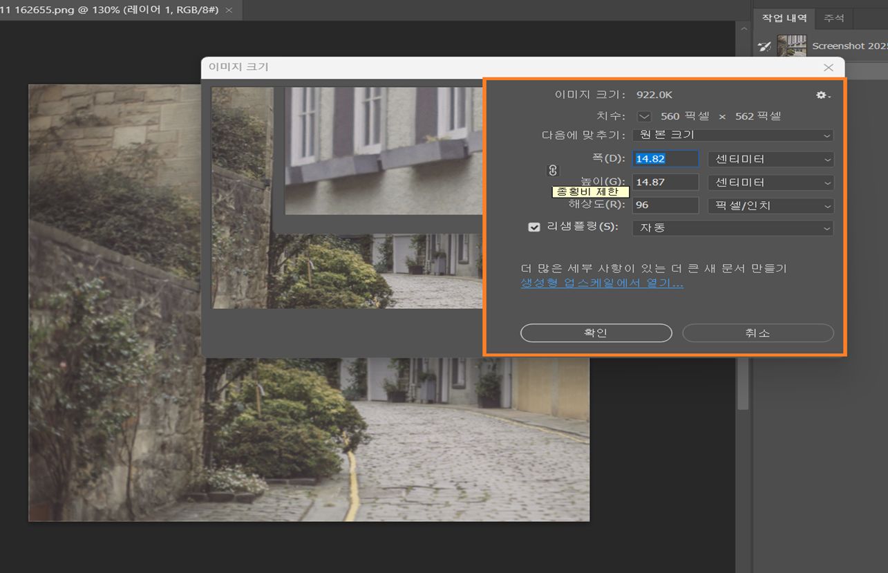 센티미터 단위의 폭과 높이, 144 PPI 해상도, 최근접 이웃 리샘플링을 보여주는 이미지 크기 대화 상자.