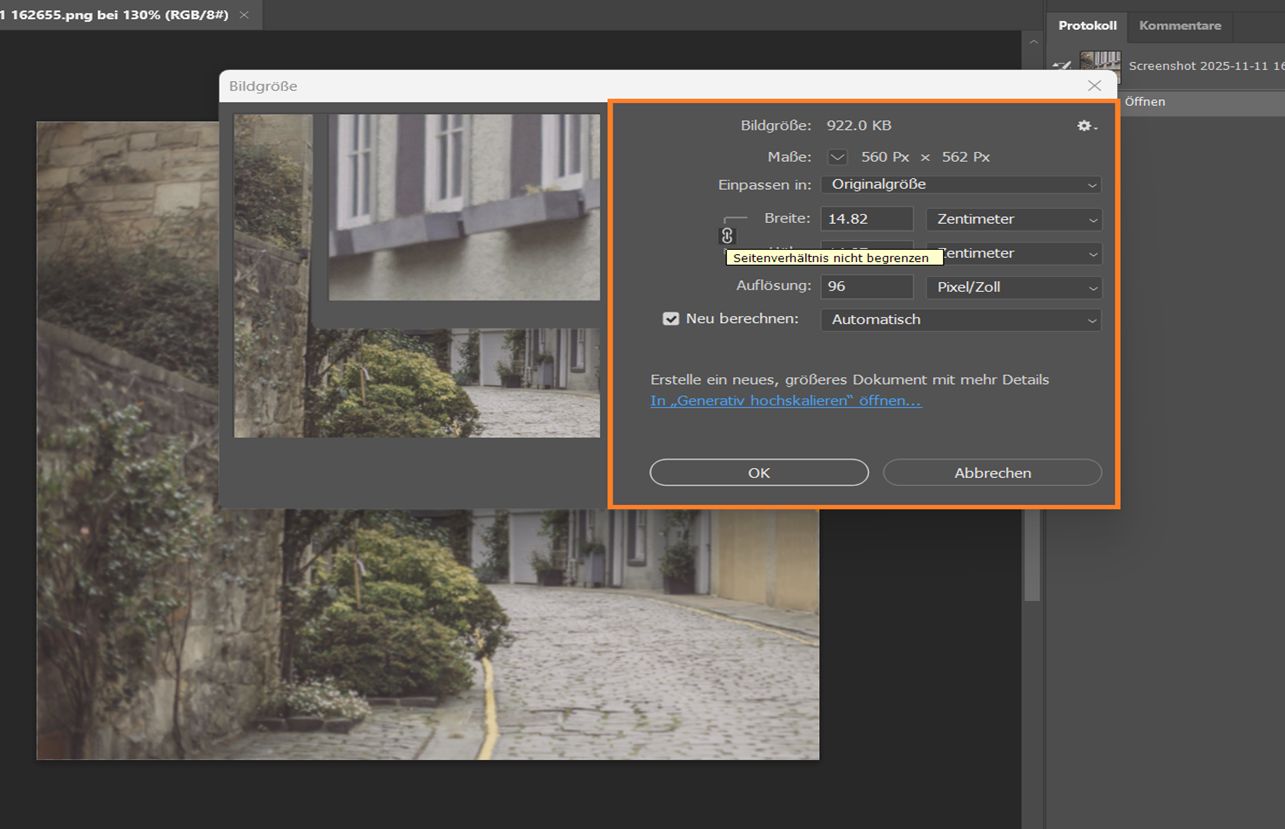 Dialog „Bildgröße“ mit Breite und Höhe in Zentimetern, 144 ppi Auflösung und Pixelwiederholung.