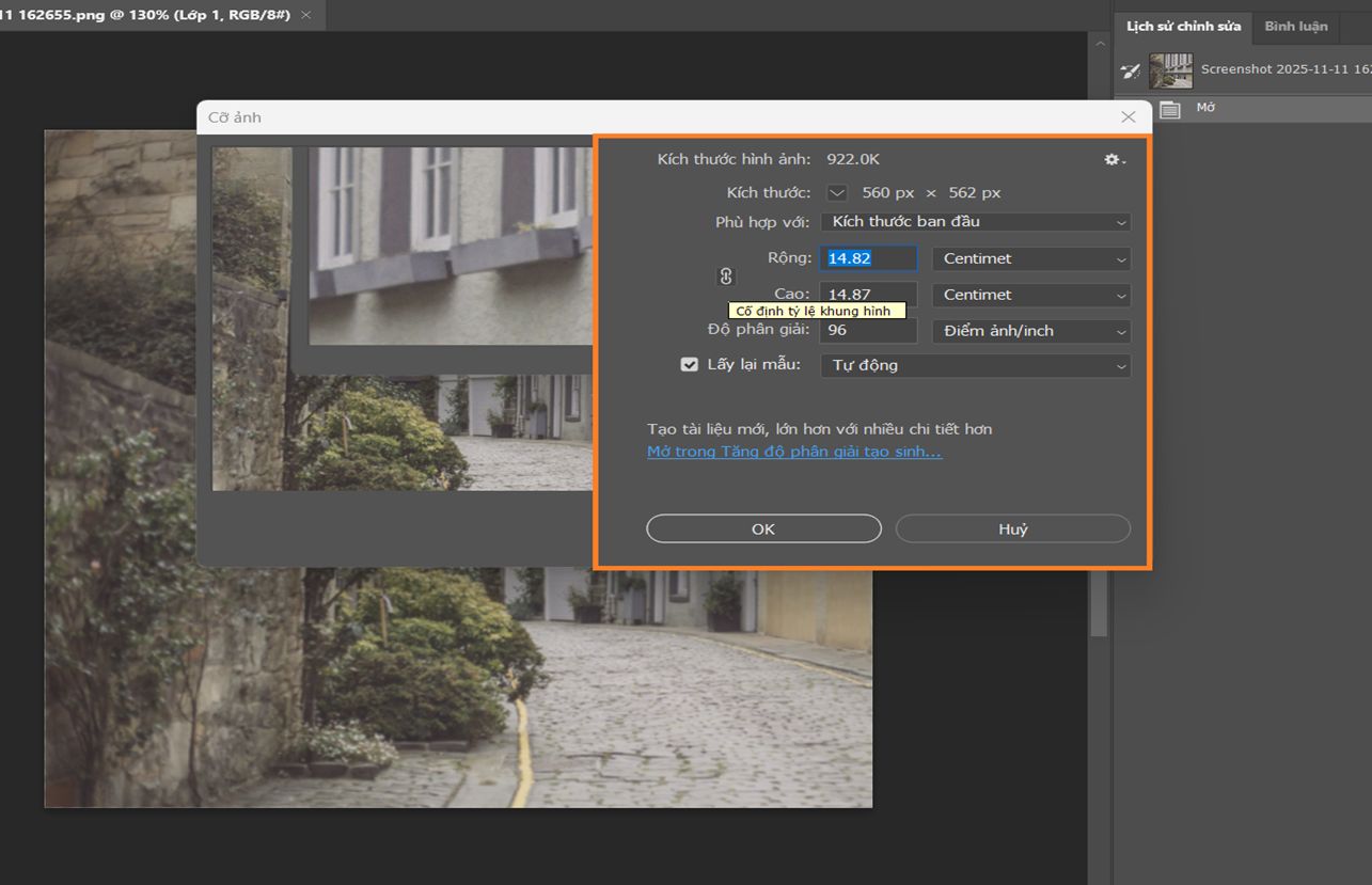 Hộp thoại Kích thước hình ảnh hiển thị chiều rộng và chiều cao tính bằng cm, độ phân giải 144 PPI và lấy lại mẫu Màu điểm ảnh lân cận.