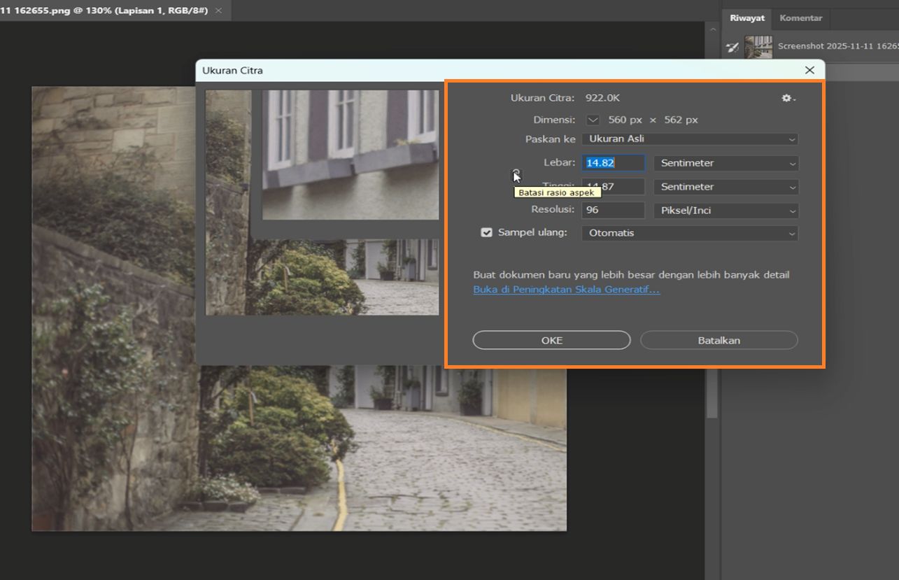 Kotak dialog Gambar Ukuran menampilkan lebar dan tinggi dalam sentimeter, resolusi 144 PPI, dan pengambilan sampel Tetangga Terdekat.