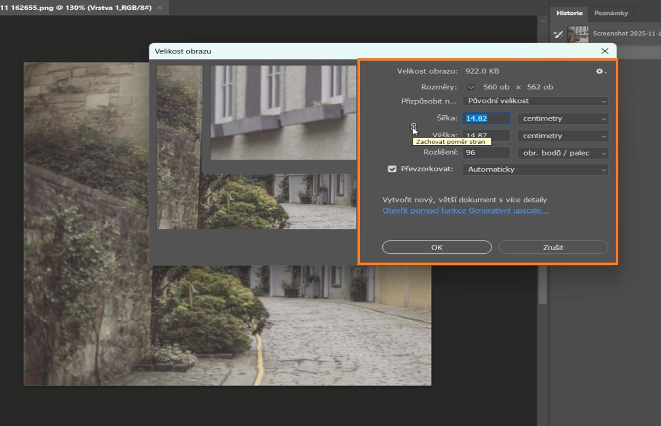 Dialogové okno Velikost obrazu zobrazující šířku a výšku v centimetrech, rozlišení 144 PPI a převzorkování Nejbližší soused.