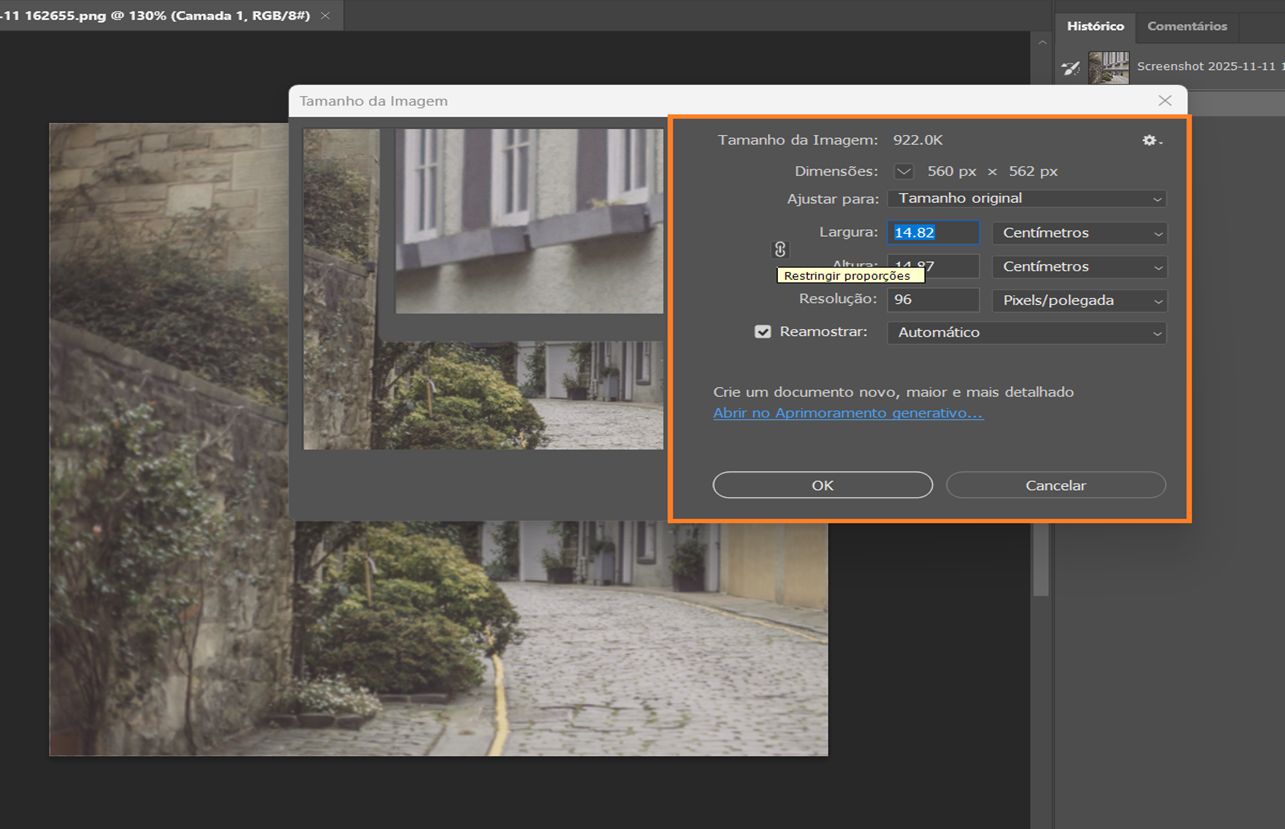 Caixa de diálogo Tamanho da imagem mostrando largura e altura em centímetros, resolução de 144 PPI e reamostragem por Vizinho mais próximo.
