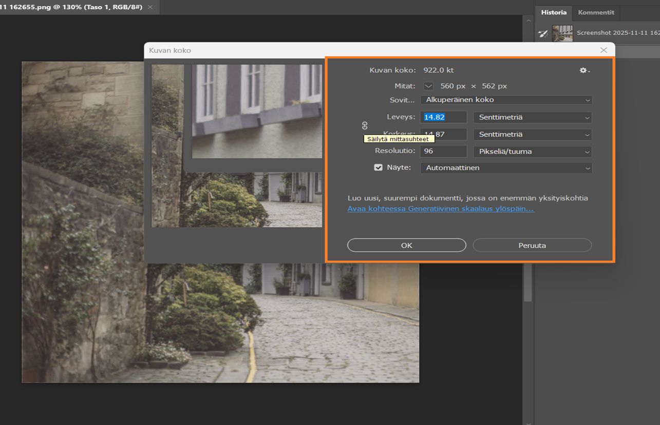 Kuvan koko -valintaikkuna, jossa näkyy leveys ja korkeus senttimetreinä, 144 PPI:n resoluutio ja Lähin naapuri -uudelleennäytteistys.
